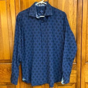 Fleur De Lis Print Button Down Collared Dress Shirt Size L